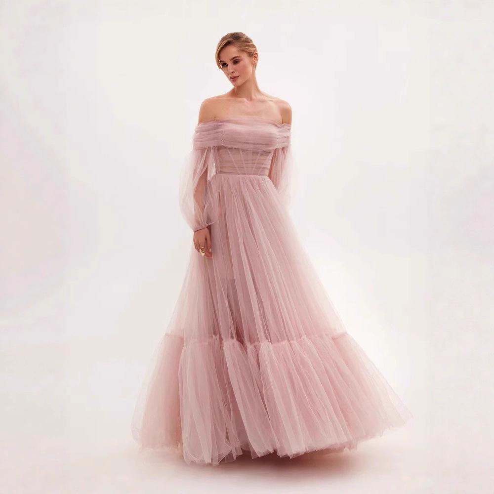 new long women's clothing one-word shoulder mesh long-sleeved wedding dress tulle dress