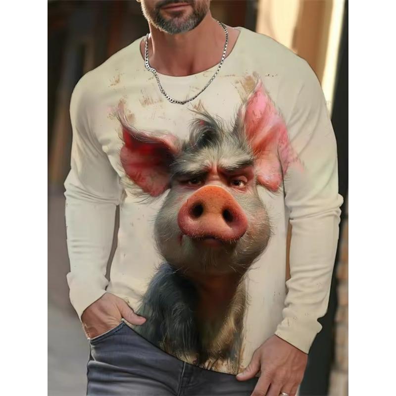 Funny Animal Design Retro Men 3D Printing Street Casual Daily Gray Longsleeved Round Neck Shirt Spring and Autumn Clothing