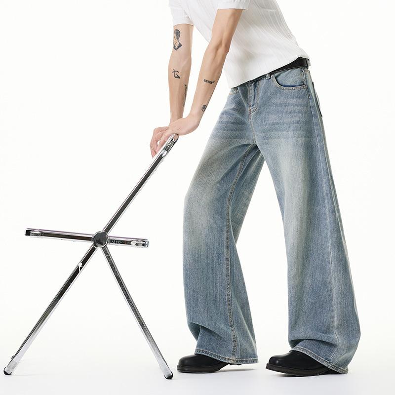 American Washed Bamboo Pattern Scimitar Jeans Men's High Street New Loose Retro Trendy Brand Straight Wide-leg Trousers