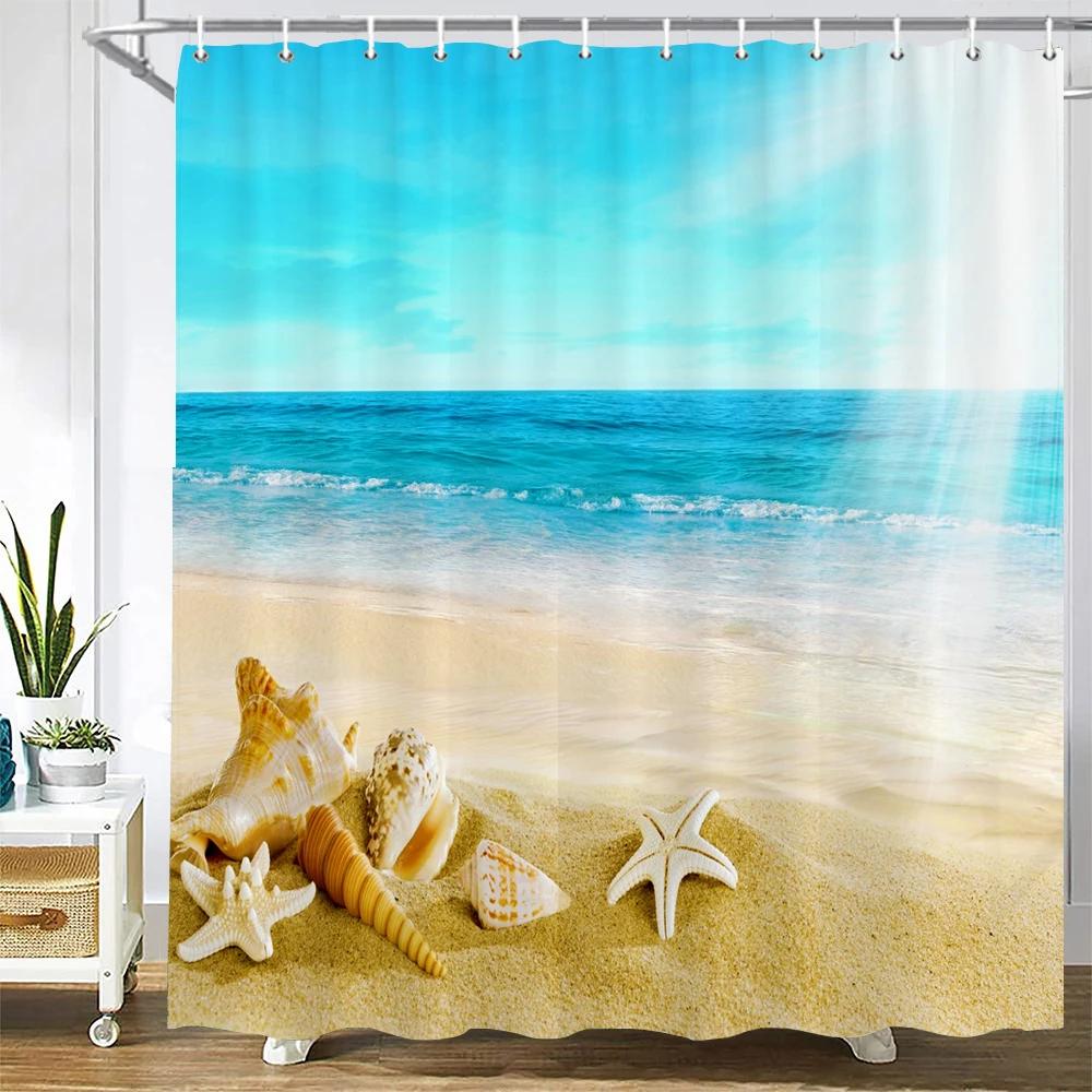 3D Seascape Beach Printed Fabric Shower Curtains Bathroom Curtain Bath Screen Waterproof Products Home Decor with Hooks