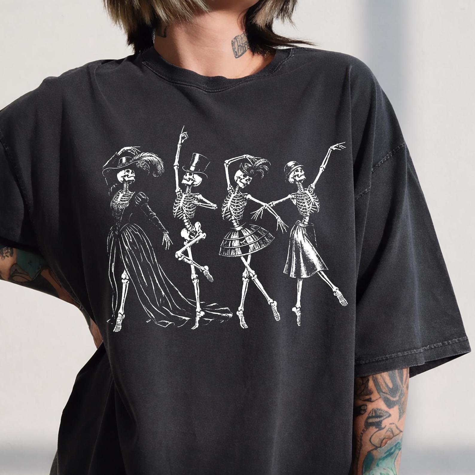Dancing Skeleton Shirt, Vintage Gothic Ballet Tee, Victorian Skeleton Art Top, Spooky Halloween Graphic Apparel, Dark Academia Gift 4XL