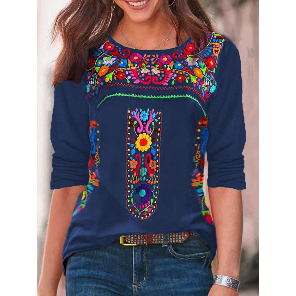 Spring Autumn Women's T-shirt Bohemian Print Long Sleeved T-shirt for Women Nation Print T-shirt Casual Pullover Plus Size Women Clothing