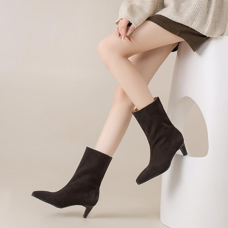 Fashion 2025 NEW Autumn Women Boots Square Toe Cow Suede Women Shoes Spike Heel High Heel Mordern Boots Daily Shoes Mid-calf Boots