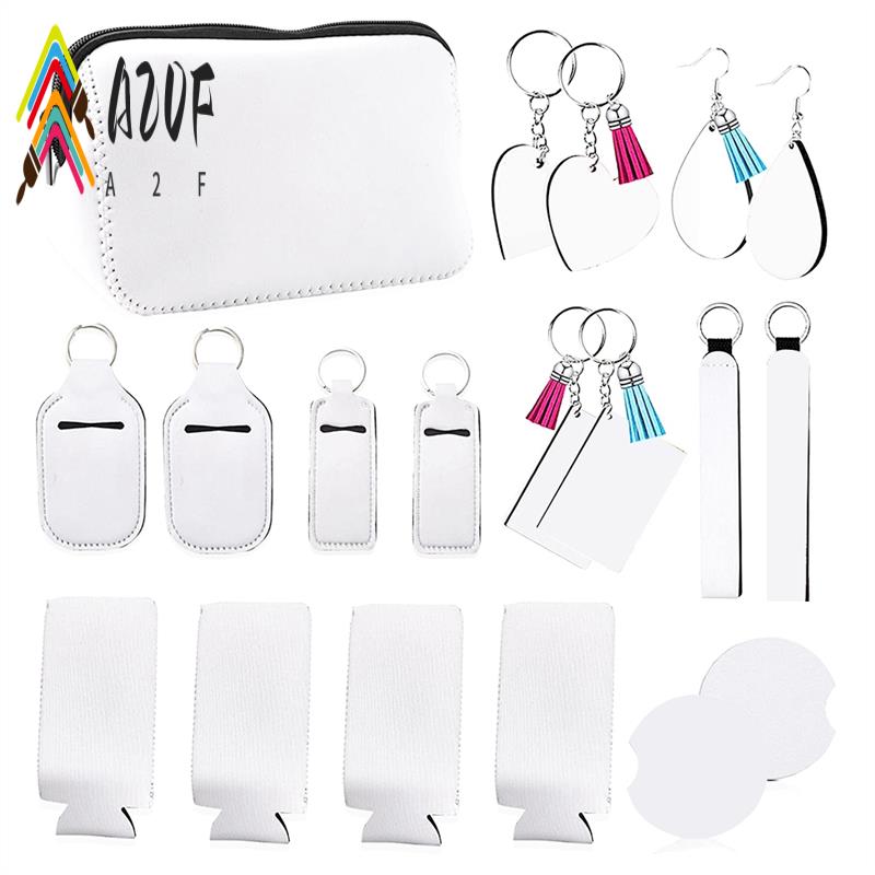 A20F-1 Set Sublimationsrohlinge Set Mit Kosmetiktasche, Schlüsselanhängern, Ohrringen, Untersetzern Passend Zum Basteln Geschenk
