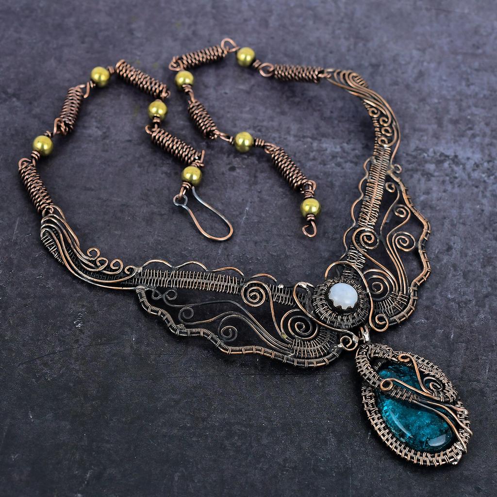 Natural Neon Blue Apatite, Moonstone Copper Wire Wrap Jewelry Necklace 18" s8A15