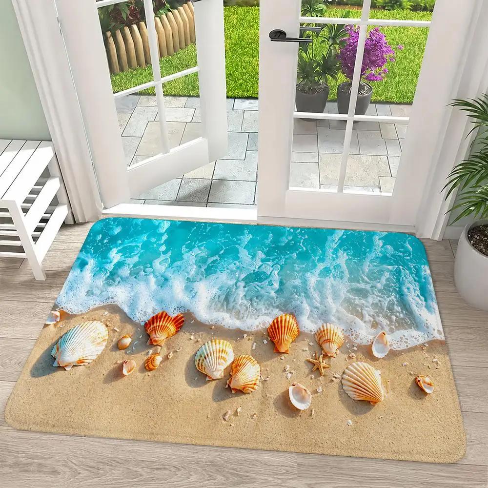 Ocean Waves Beach Shells Floor Mat Flannel Door Mat Non-Slip Washable Foam Entryway Rug for Bathroom Bedroom Entryway