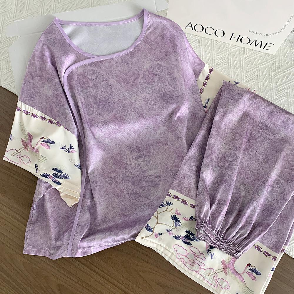 

National style new Chinese high-end jacquard ice silk pajamas women s summer sweet loose short-sleeved nine-point pants loungewear M