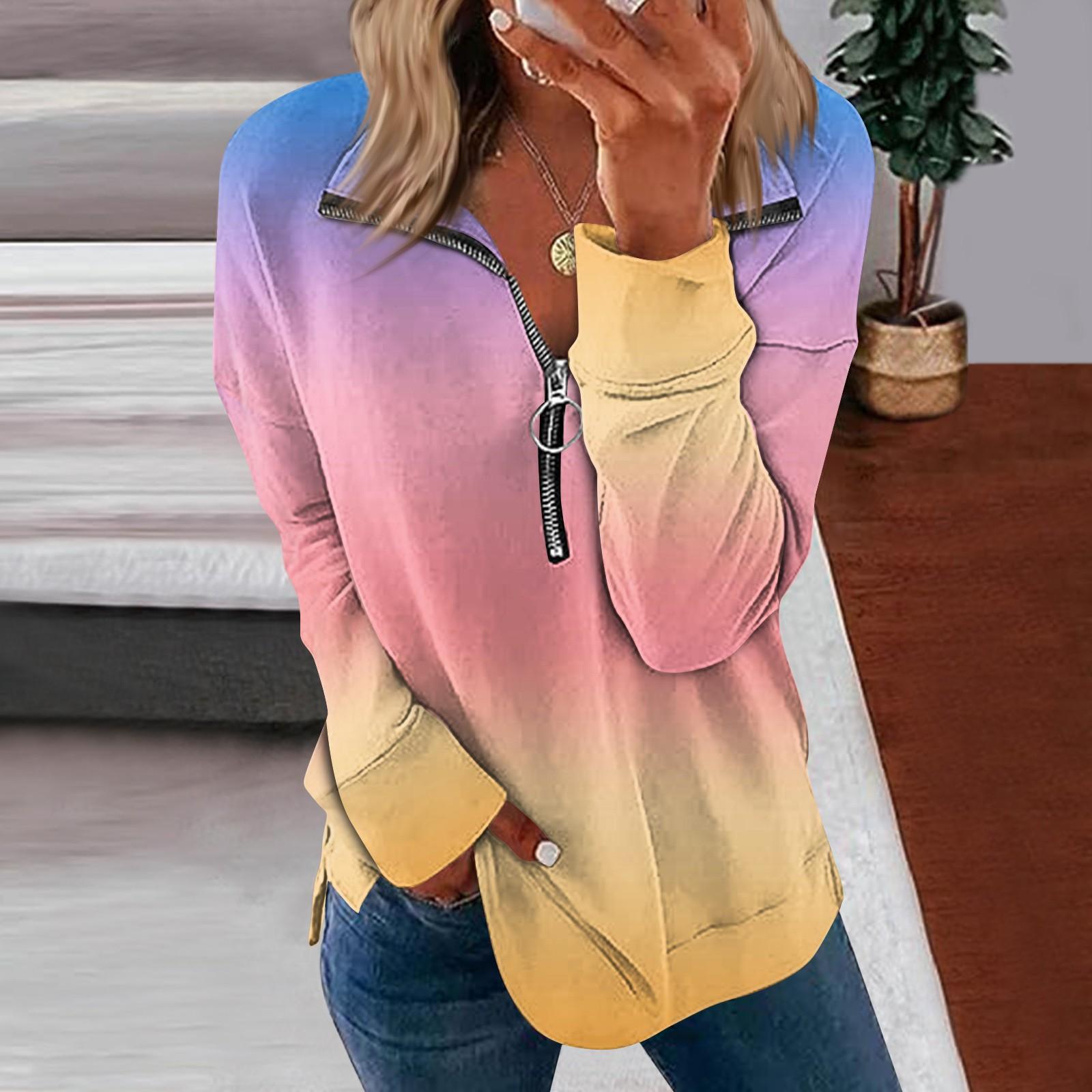 

Женский повседневный пуловер на молнии 1/4, толстовки с воротником и длинными рукавами, спортивная одежда с градиентным принтом, куртка для бега XL розовый