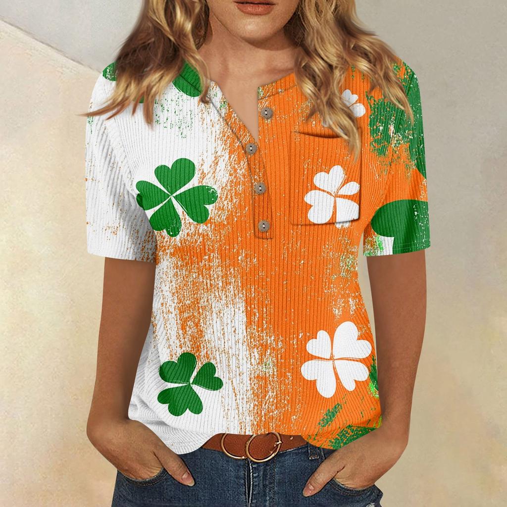 T-Shirts für Damen, plissiert, V-Ausschnitt, elegant, lässig, Blusen, bedruckt, kurzärmelig, Sommeroberteile, lockere Passform