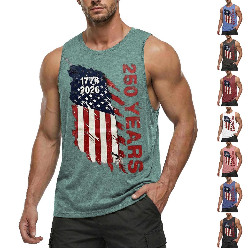 Men's Sleeveless Casual Tank Top Crew Neck Graphic Print 250 Years Independence Commemorative Design Lightweight Summer Shirt