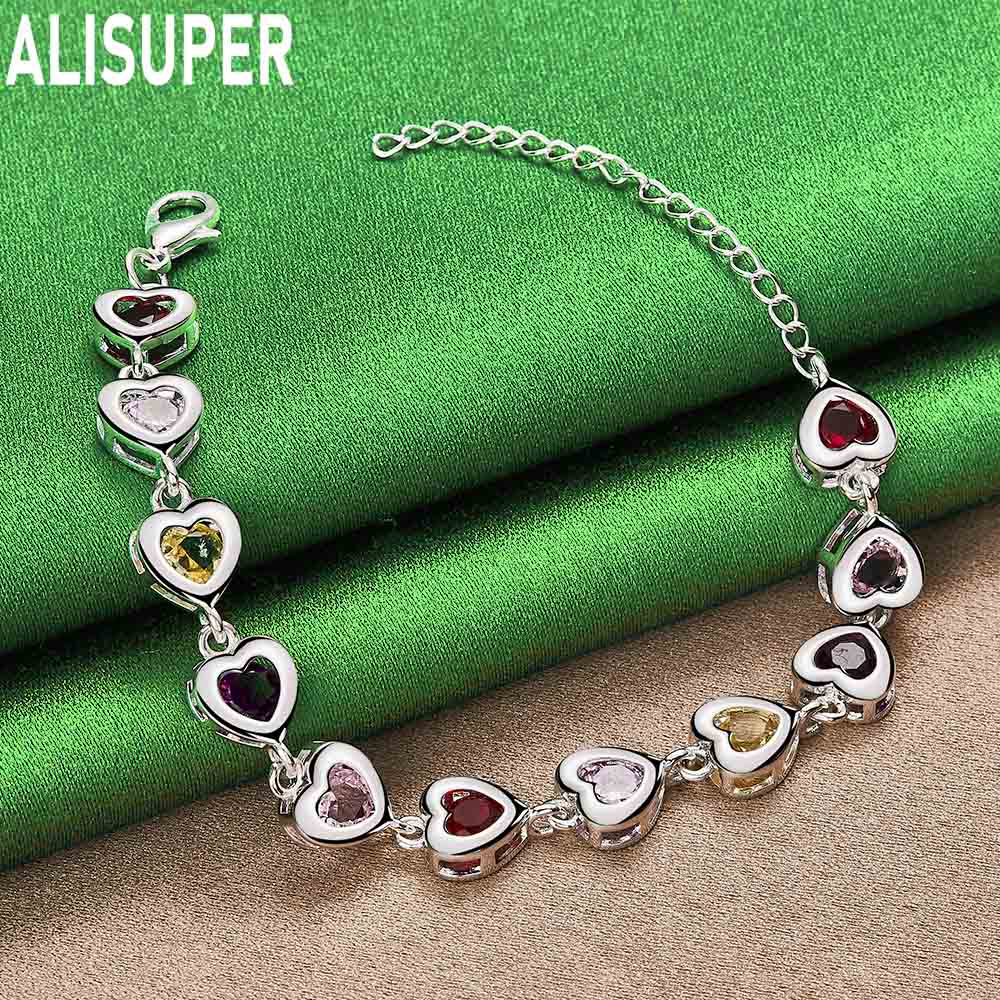 Bracelet en argent sterling 925 en forme de cœur incrusté de zircons AAA multicolores, bijoux de mariage tendance