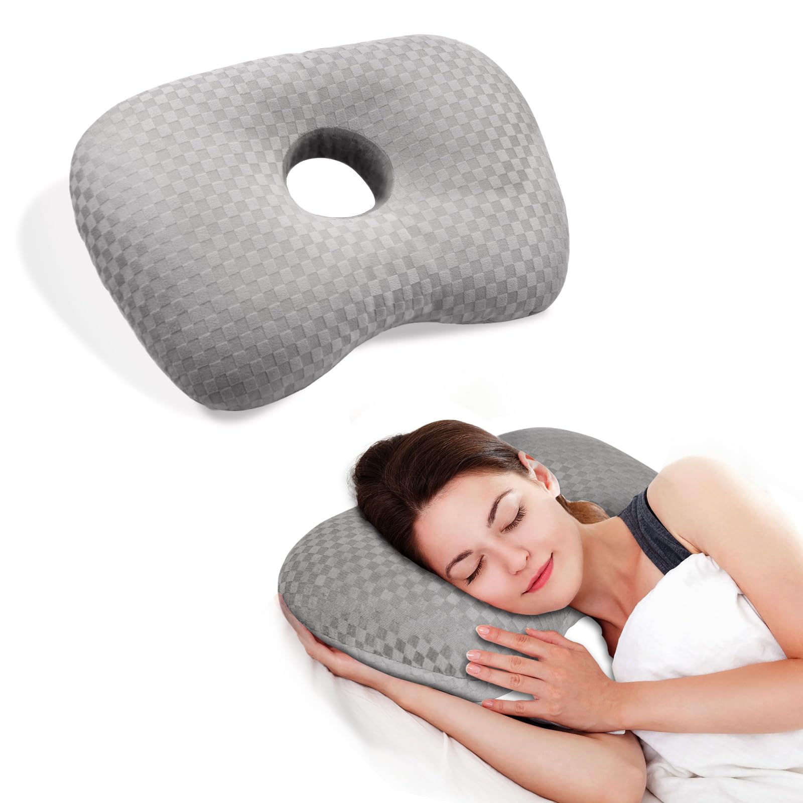 

Pierced ear pillow for side sleepers, cotton and polyester, washable and adjustable ear guard pillow (gray)