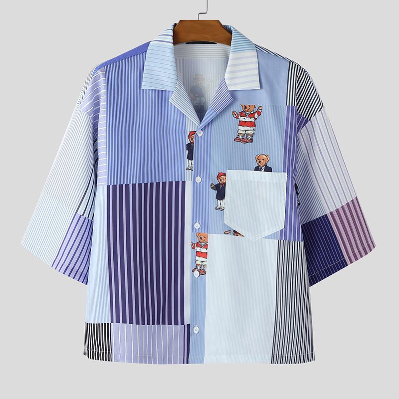 INCERUN Summer Men Lapel Half Sleeve Striped Print Button Up Casual Shirts
