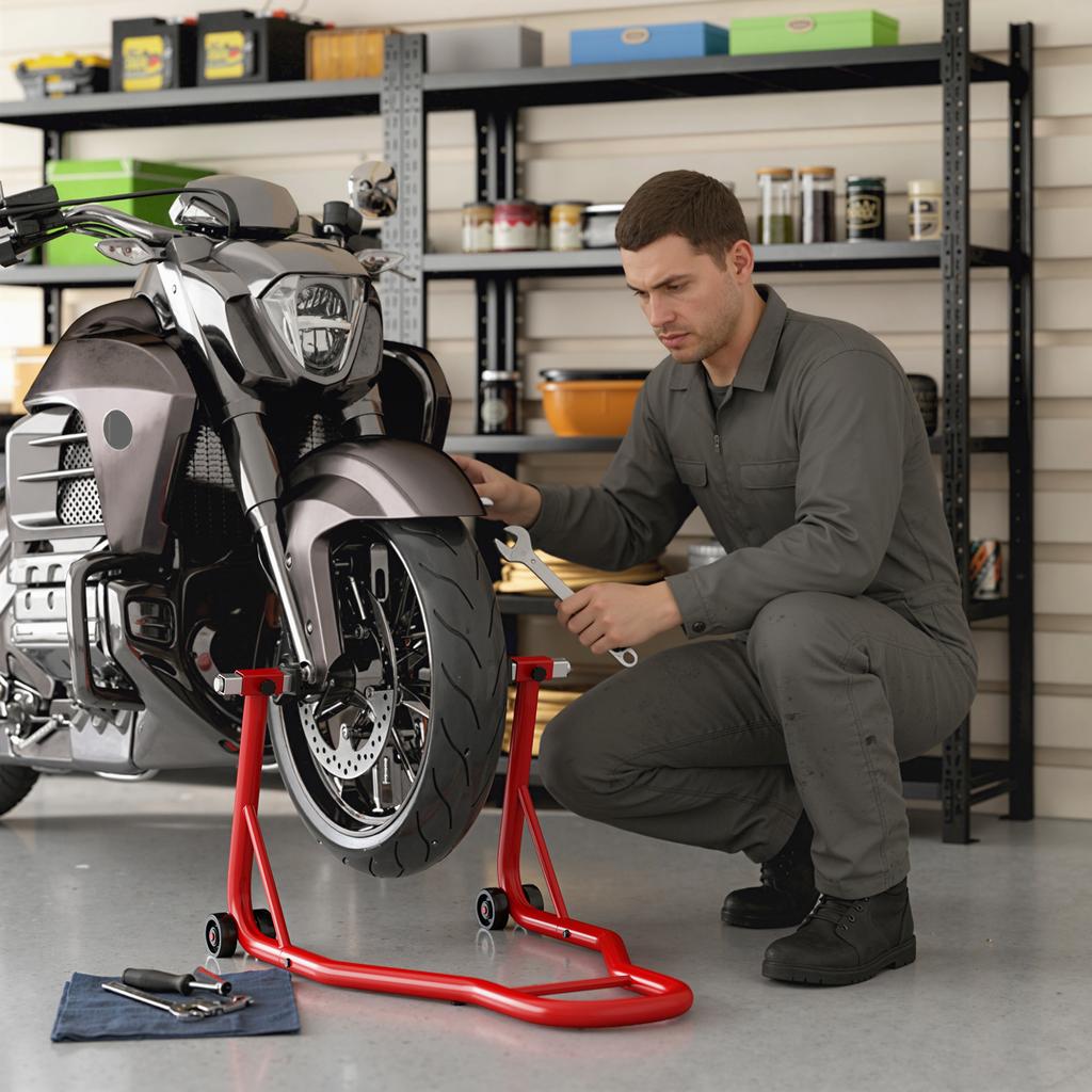 Rear Motorcycle Kickstand 150 Kg With Adjustable U And L Forks Steel Motorcycle Lift For Maintenance And Repair Red