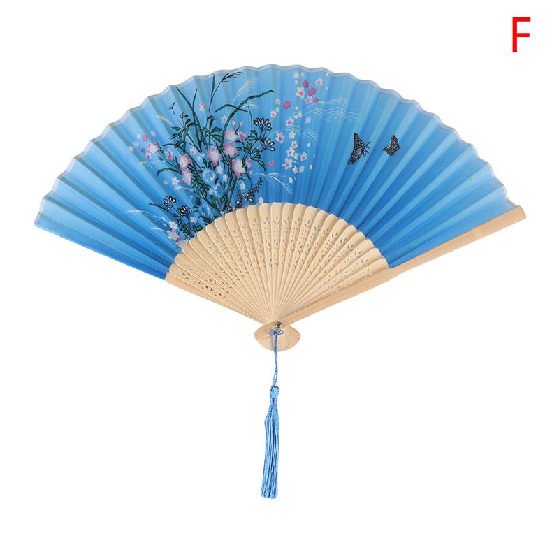 Vintage Printed Silk Folding Hand Fan Tassel Chinese Bamboo Fans Women Dance Performance Props Home Decoration Ornaments