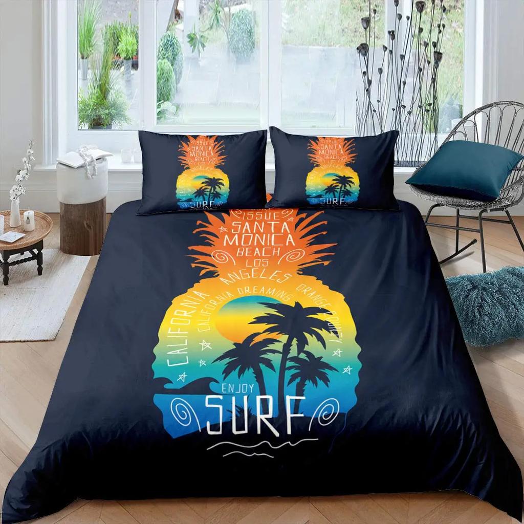Ananas Bettbezug Set King Size Gelb Geometrisches Ananas Bettwäsche Set Seaside Strand Thema Frucht Bedruckte Bettdecke