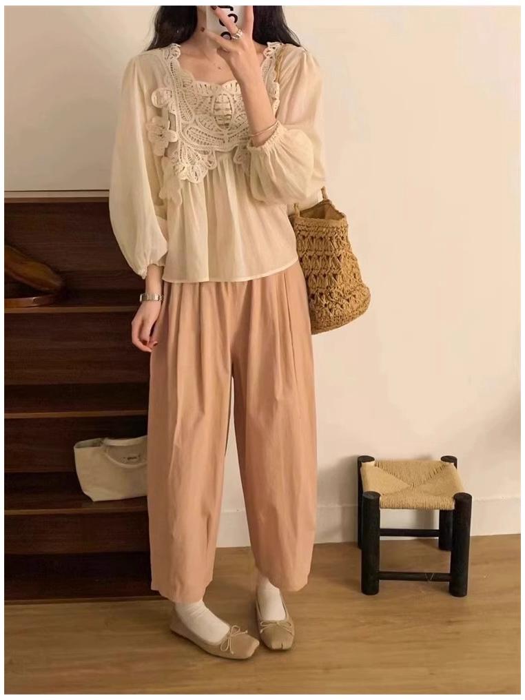 Cotton UL Japanese Style Women's Wide Leg Carrot Pants with Elastic Waist, Petite Loose Fit, Suitable for Spring, Summer, and Autumn.