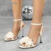Heels for Ladies Apricot Square Toe Floral Decor Ankle Straps Fashion Sandals Thin High Heeled Party Dress Shoes Elegant Size 35