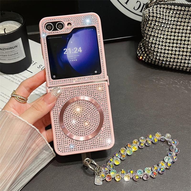 Diamond Magnetic Protective Case with Lanyard for Samsung Z Flip 6/7, Compatible with Wireless Charging