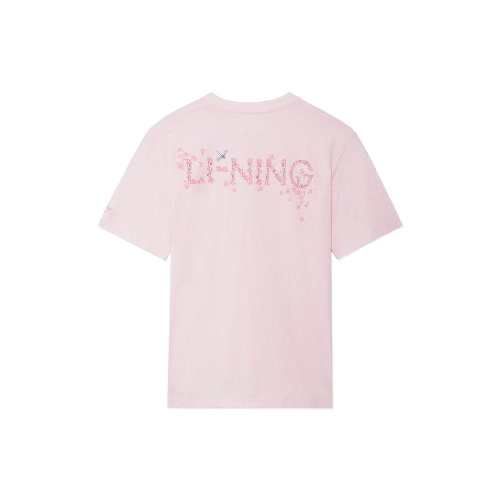 Li Ning SS22 Cherry Blossom Series Casual Printed Solid Color Round Neck T-Shirt Unisex Tops Light-Pink AHSS921-2