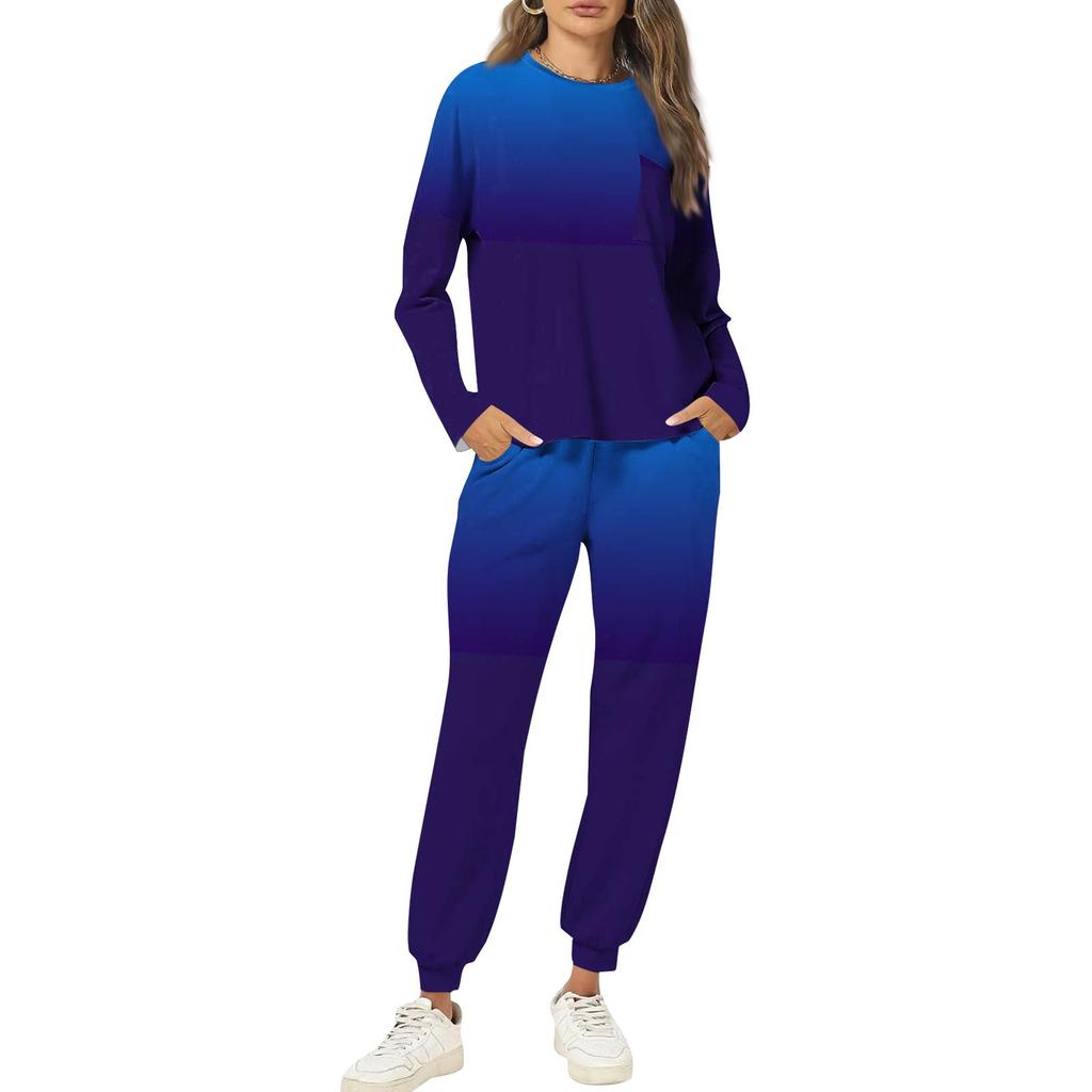 Sets For Women 2 Piece Round Neck Long Sleeve Shirts Printed Sweatpants Pocket Sets