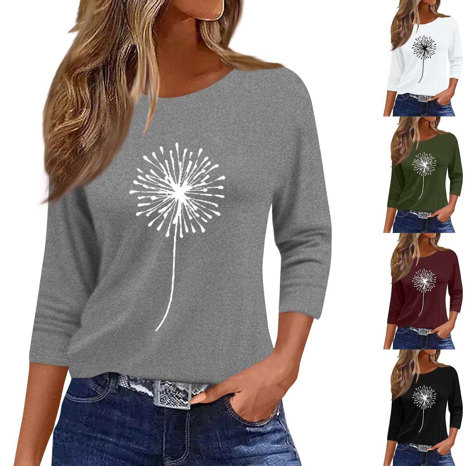 

Women s Fashion Casual Round Neck 3/4 Sleeve Loose Printed T-Shirt Ladies Top XL зелений