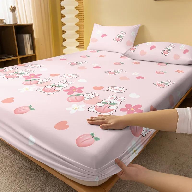 1 Desen Animat Drăguț Plantă Floare Iepure Imprimat Cearceaf cu Elastic Mat, Husă de Pat Imprimată pentru Dormitor, Lenjerie de Pat (Excluzând fetele de pernă)