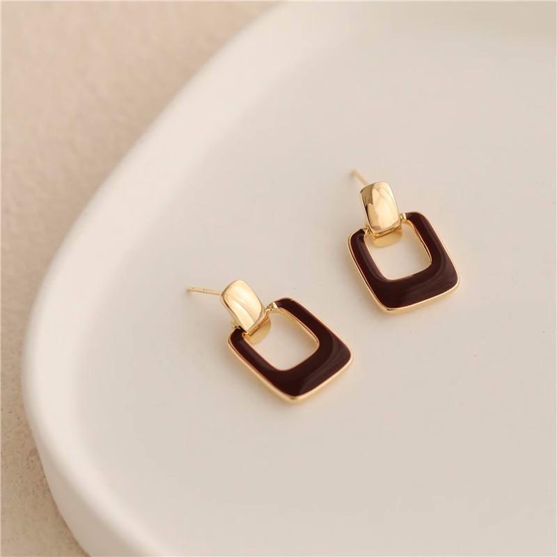 FTCY Vintage Brown Hollow Square Drop Earrings for Women Wedding Party Geometry Metal Earrings Trend Classic Women's Zircon