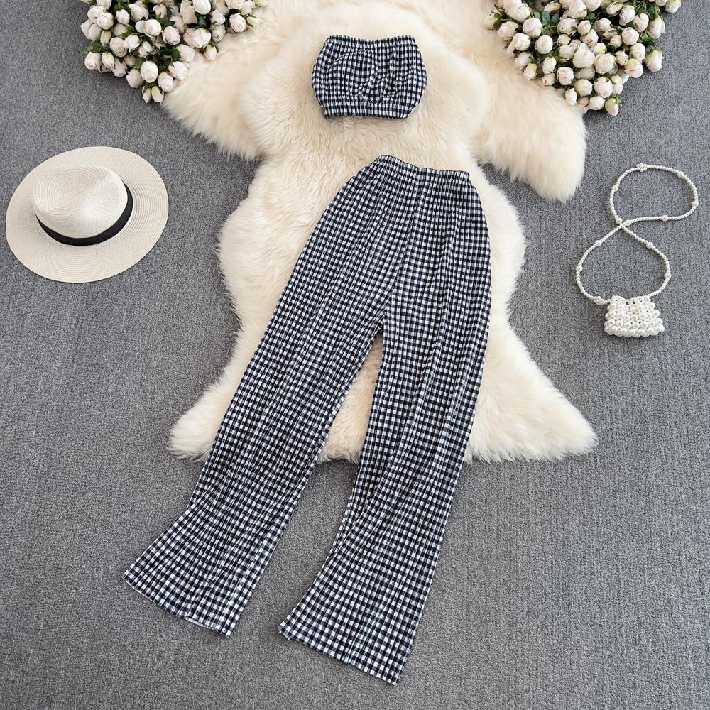 RUGOD 2022 Modeanzug Damen Sexy Tube Top Zweiteiliger Anzug mit hoher Taille Drapieren Lässige Farbverlaufsfarbe Gerade Hose mit weitem Bein