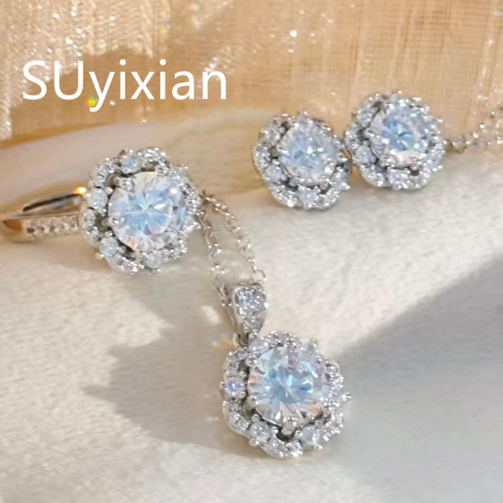 925 Sterling Silver Fashion Plum Blossom Zircon Earrings Necklace Pendant Set, Birthday Anniversary Wedding Party Gift