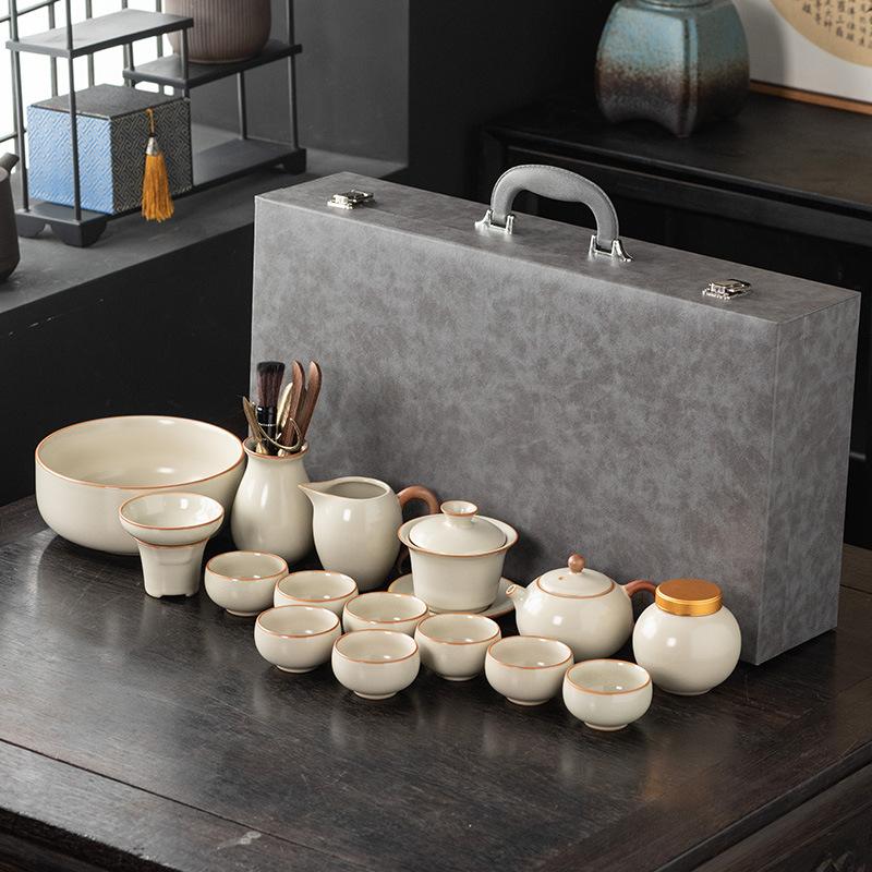 Beige Ru Kiln Kung Fu Tea Set Household Ceramic Tea Bowl Teapot Business Full Set of Gifts Tea Set