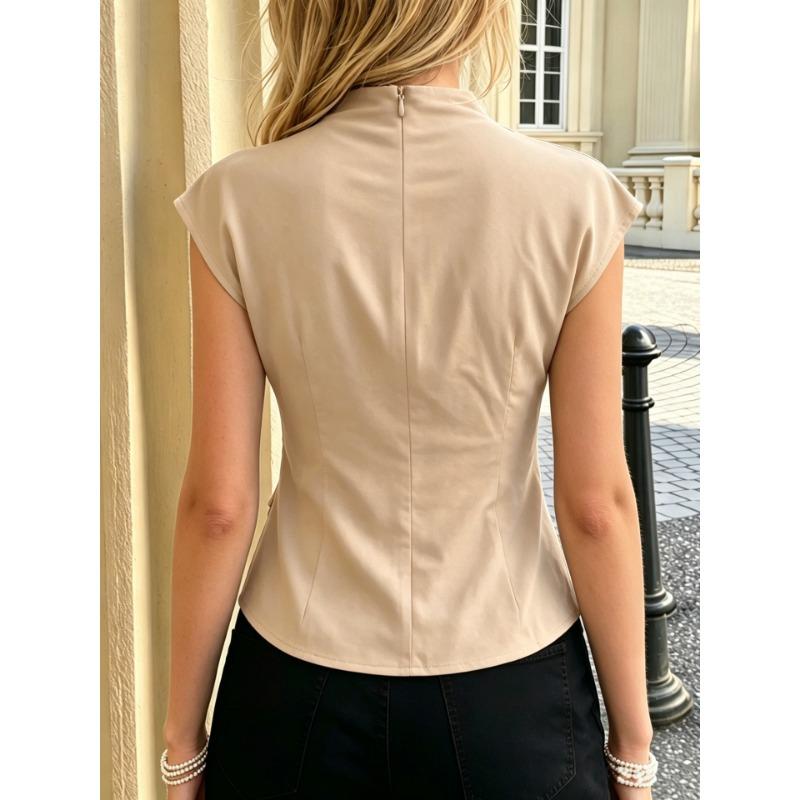 High Neck Sleeveless Metal Buckle Belt Waist Cinching Slim Fit Commuter Blouse