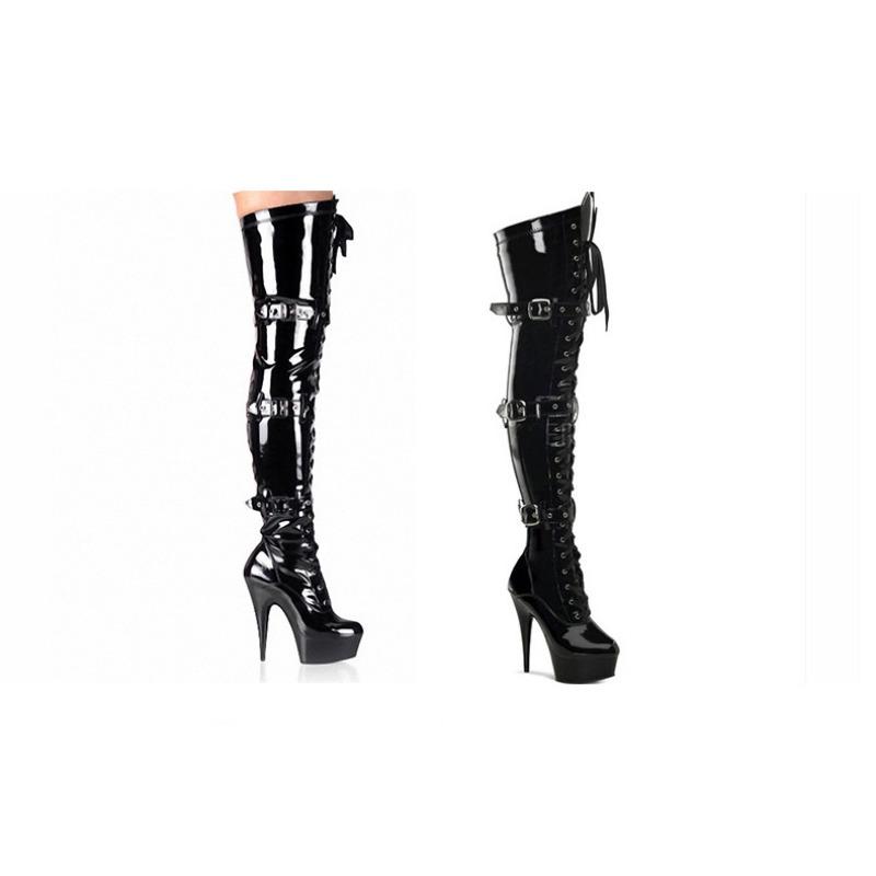 Sexy elastische Stiefel Nacht Schnürung Gürtelschnalle Kniestiefel 15cm Stahlrohr Tanz Lederstiefel YKC