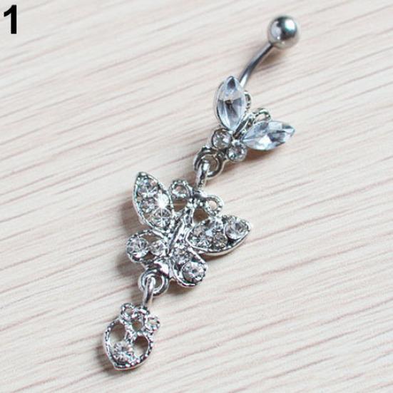 Rhinestone Butterfly Dangle Belly Navel Curved Button Barbell Ring