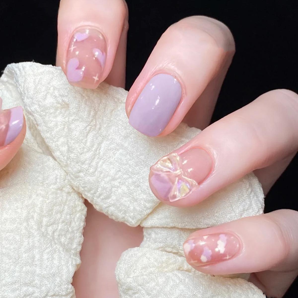 Vanilla Purple Heart-Shaped Wearable Manicure False Nails and Detachable Nail Stickers