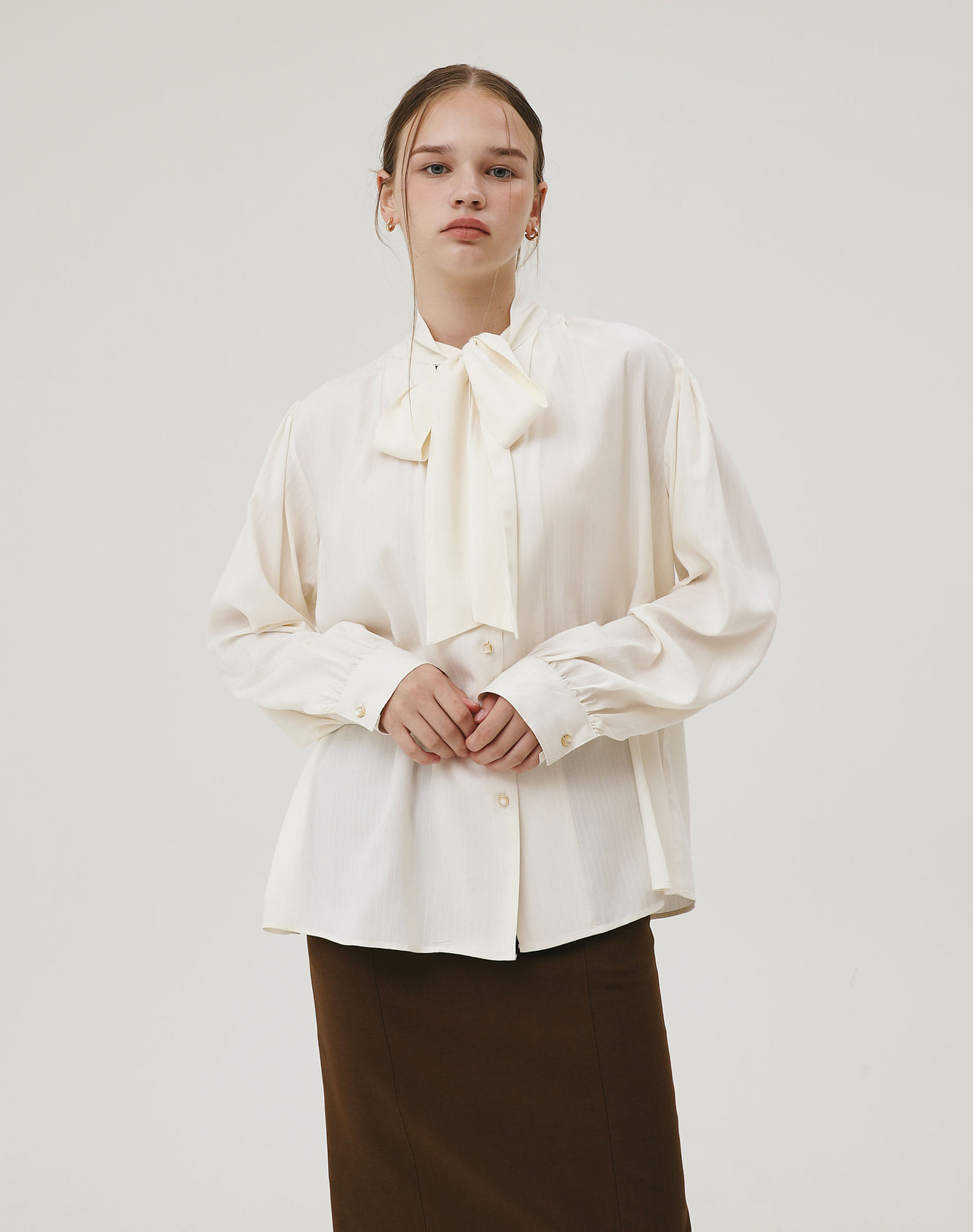 G Mar Stripe Tie Blouse Ivory M