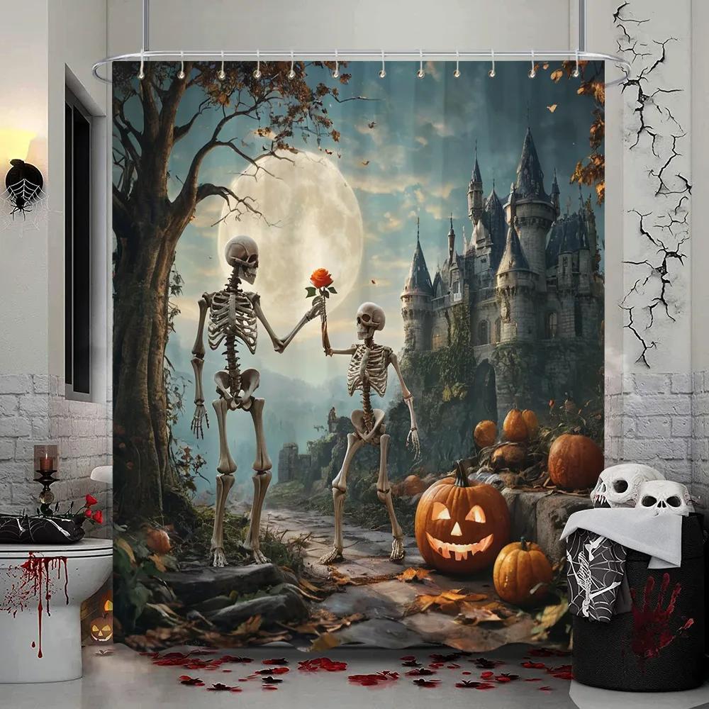 Halloween Shower Curtain Trick or Treat Skeleton Naughty Elf Castle Pumpkin Polyester Shower Curtains Bathroom Decor