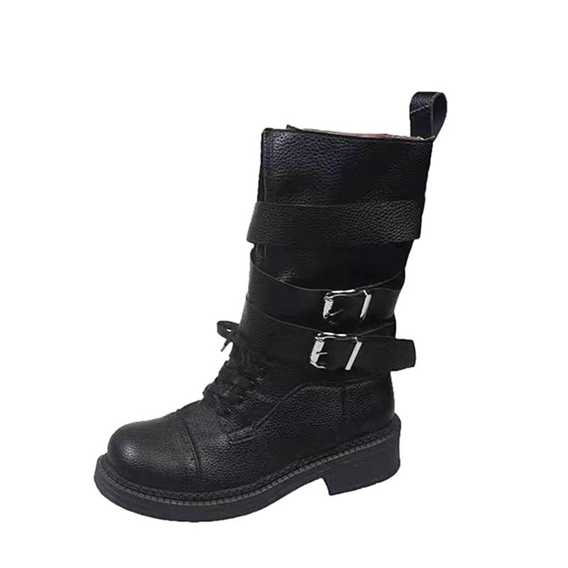 Thick heel belt buckle literary retro Martin boots soft and comfortable western cowboy boots medium tube desert pile leather women's boots