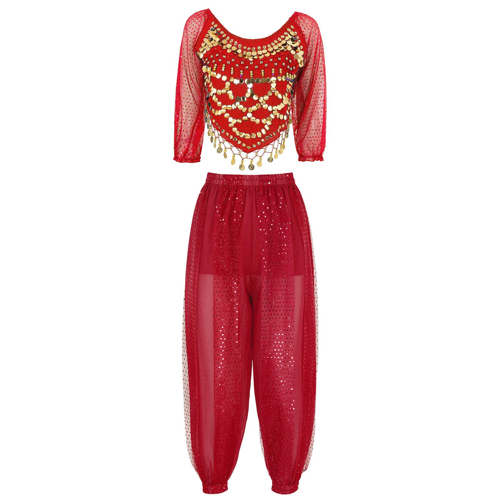 

Женский костюм для танца живота, расшитый блестками шифоновый топ с шароварами, завязывающийся сзади дизайн для сценических выступлений