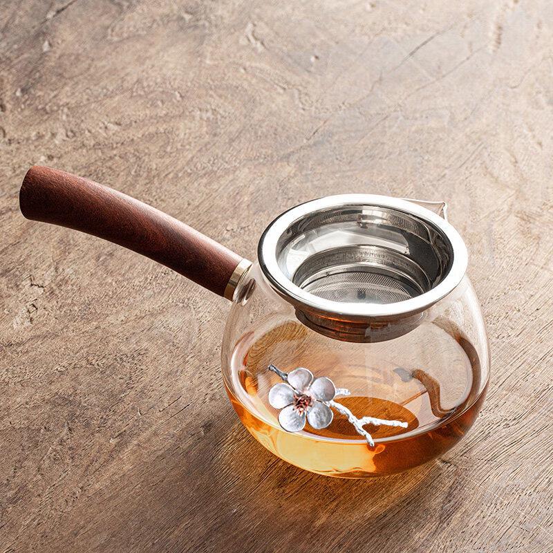 Qiwei Vintage Grid Glass Tea Serving Pitcher with Wooden Side Handle