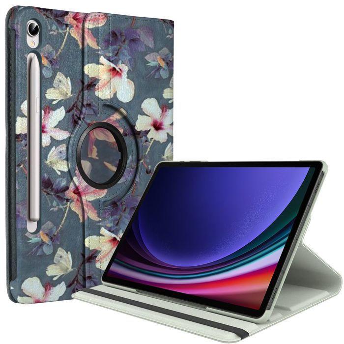 Coque de Protection - E.F.Connection - Samsung Galaxy Tab S9 - Rotatif 360° - Motif Fleur - Cuir Synthétique