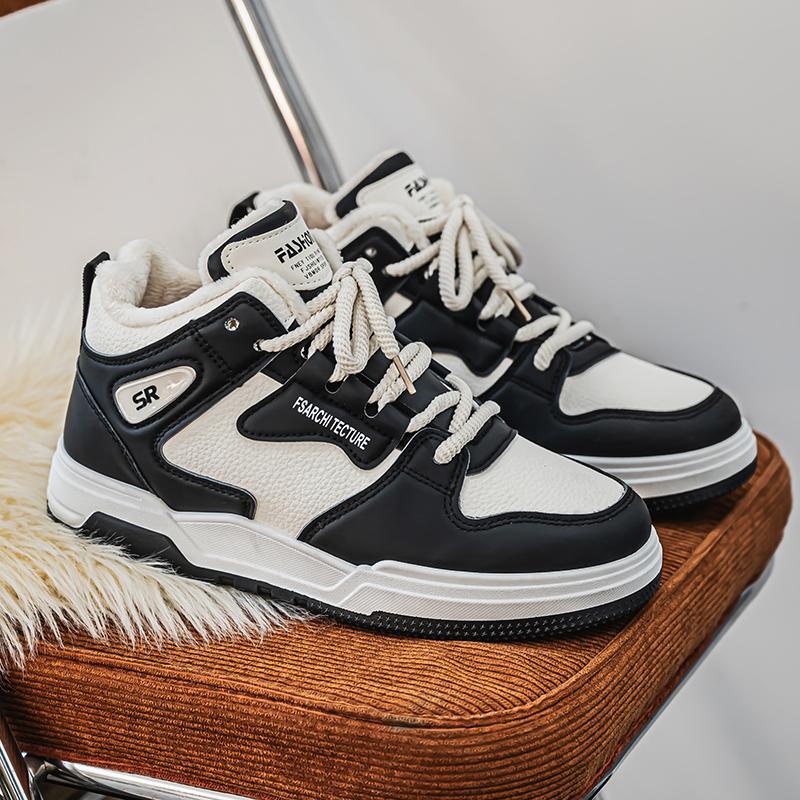 Men's Warm Plush Sneakers High Top Leather Casual Shoes Men's Skateboarding Windproof Casual Sports Shoes Thick Flat Shoes