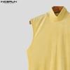 INCERUN Men Turtleneck Sleeveless Ribbed Splits Tops High Low  Long Tunic T-shirts
