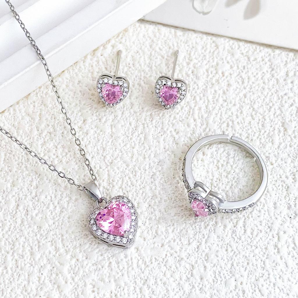 Heart-shaped Zircon Jewelry Set for Earrings, Rings and Necklace - Sweet and Fresh, Elegant Accessory for Women