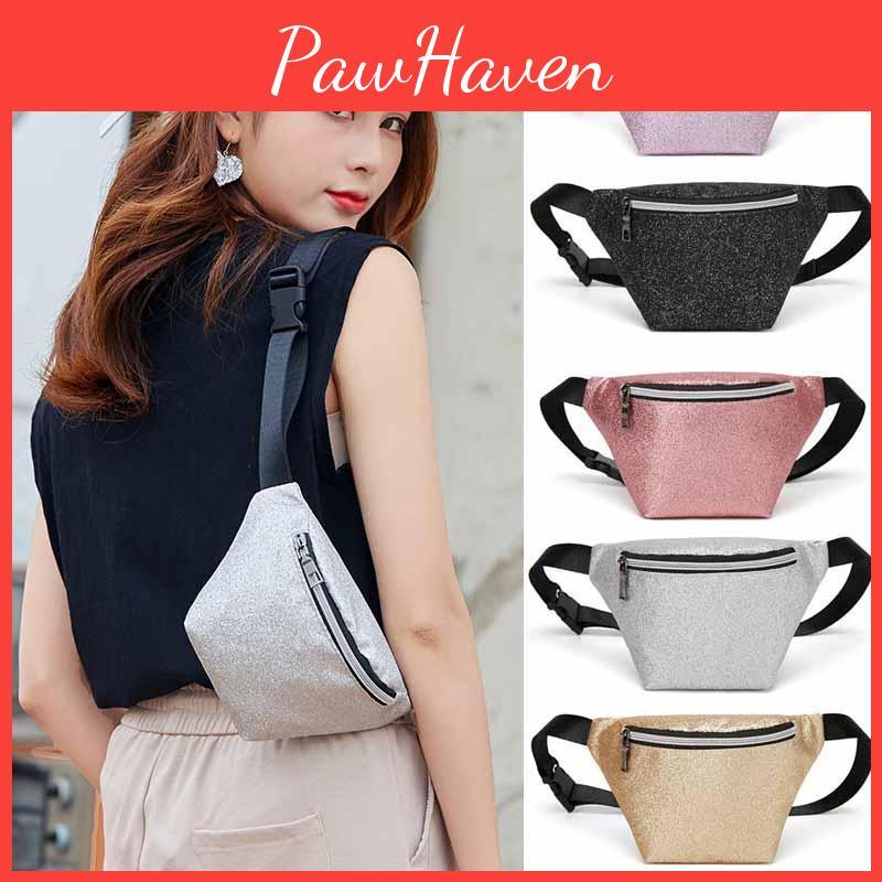 Fashionable Pure Color Chest Bag With Shiny Sequins And Soft Pu Leather For Women