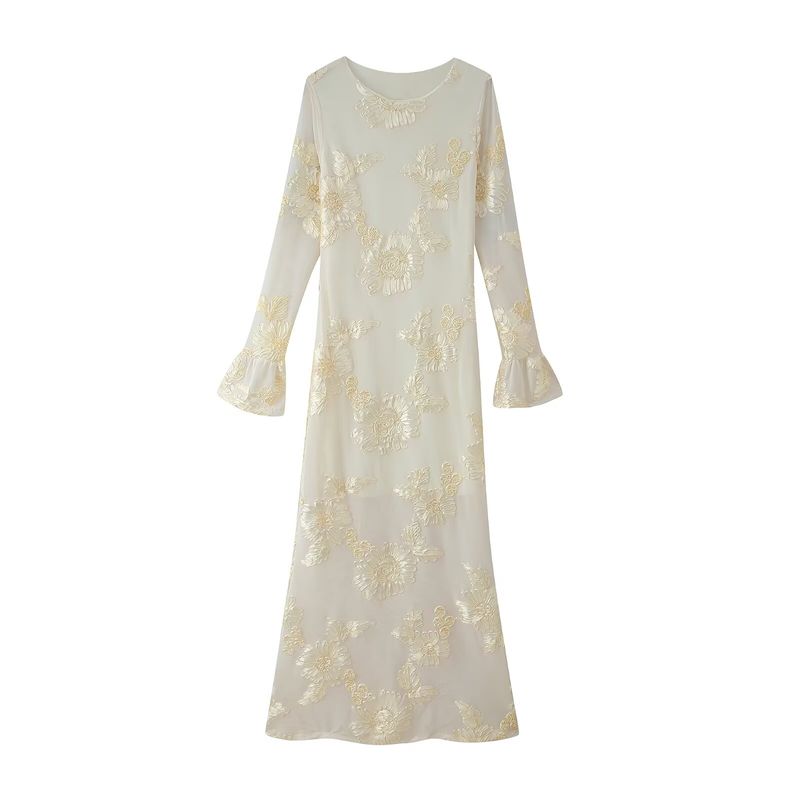 

Kaslead New Women clothes Western Style Slim fit Three-Color Flare Sleeve Sheath Slim dress Apricot L