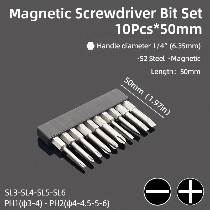 

10Pcs Slotted Phillips Screwdriver Bit Set Flat Cross Head Magnetic S2 Steel 1/4 Hex 50mm Drill Bits Ratchet Wrench Hand Tools