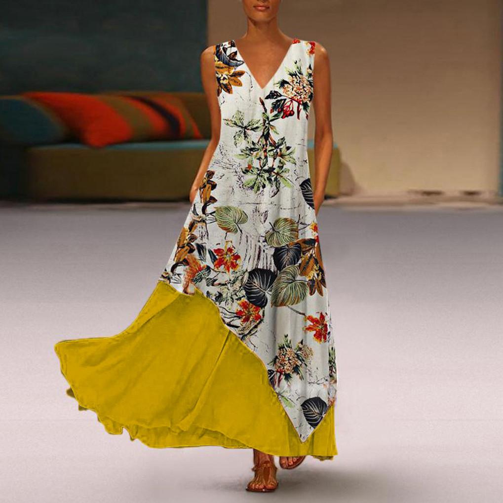 

Женское винтажное платье макси без рукавов с цветочным принтом больших размеров с V-образным вырезом XL жёлтый