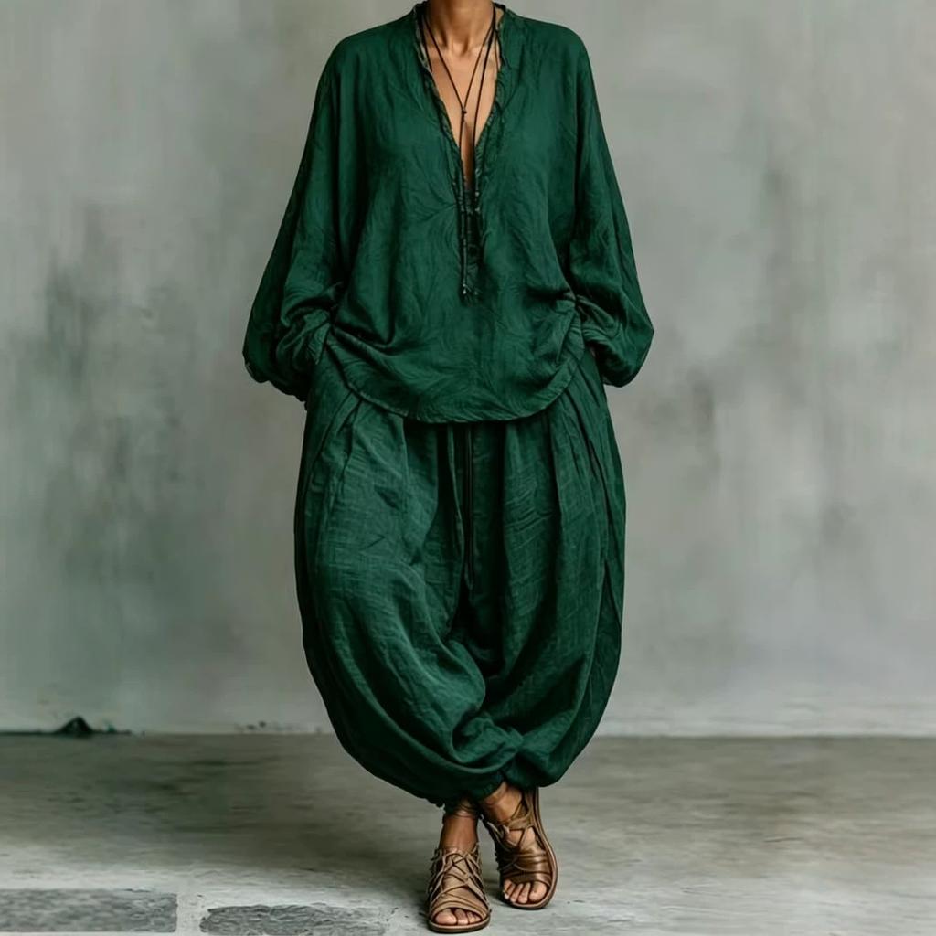 1116 popular women's clothing casual elegant lazy wind V-neck cotton and linen lantern sleeve two-piece set
