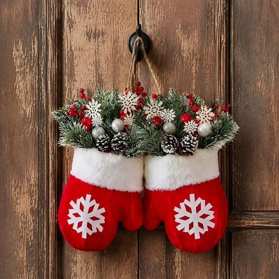 Traditional Red White Wreath Christmas Mitten/Stocking Wreath, Decorative Artificial with Berries Pine Cones, Farmhouse Style Door Hanger Branches,